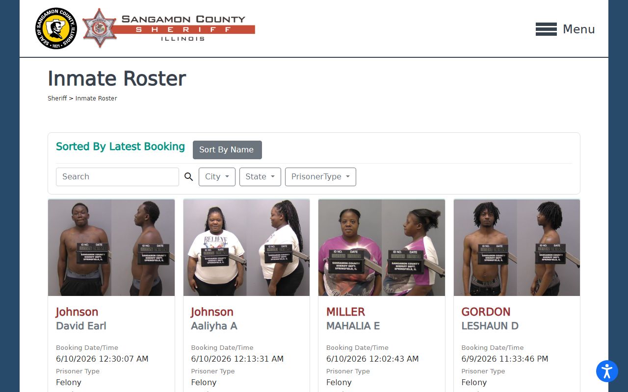 Sangamon County inmate roster card grid for jail population search